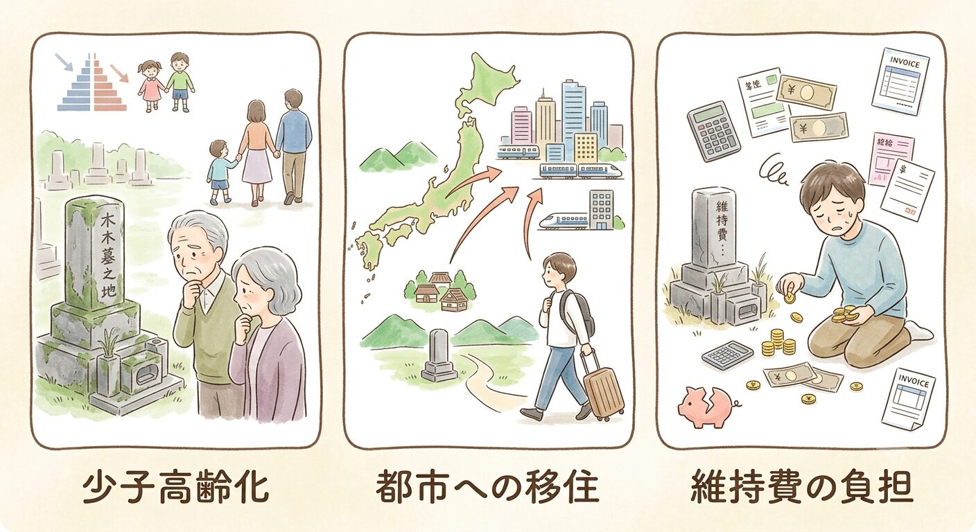 墓じまいが急増している3つの社会的な理由を伝えるイラスト