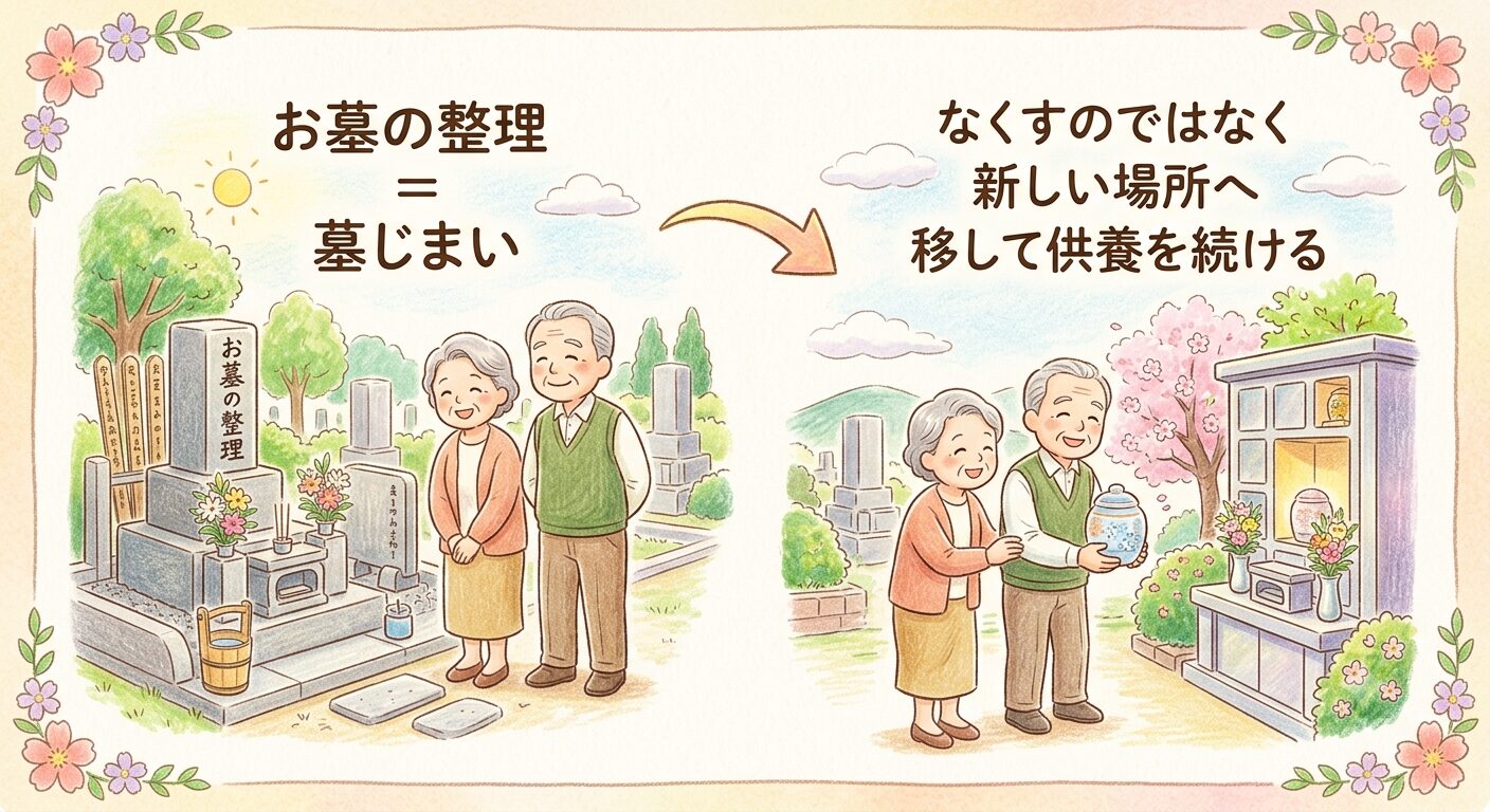 お墓・墓地の整理は正式には墓じまいで、お墓を片付けて遺骨を移し供養を続けることを示すイラスト