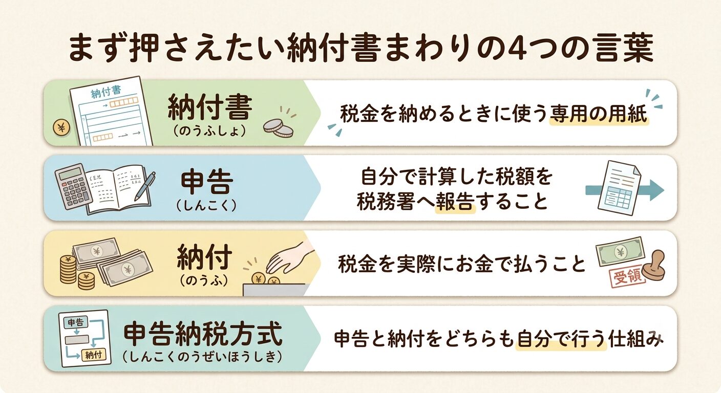 相続税の納付にまつわる納付書・申告・納付・申告納税方式の4つの言葉と、それぞれの意味をまとめた図解