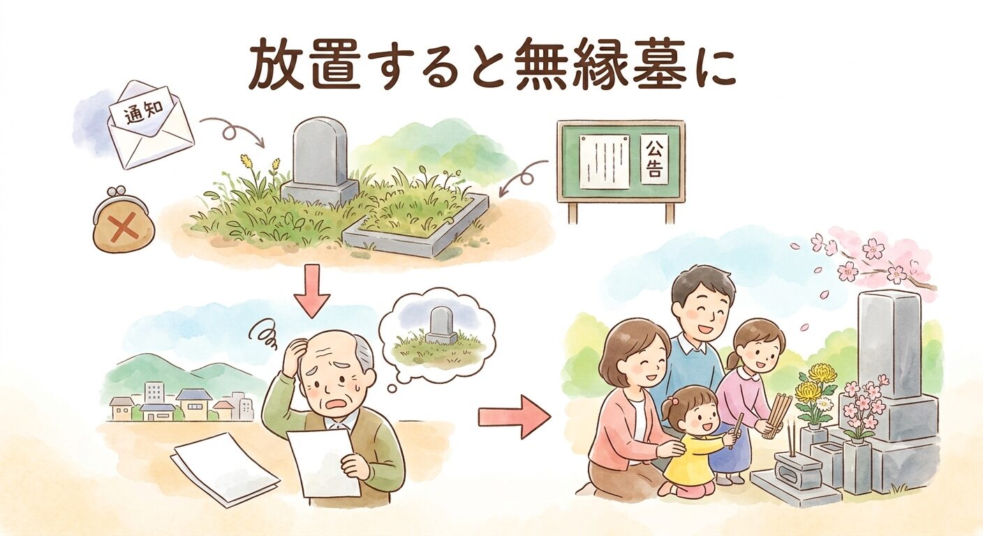 放置されたお墓が無縁墓になり親族に負担が及ぶ流れを表したイラスト