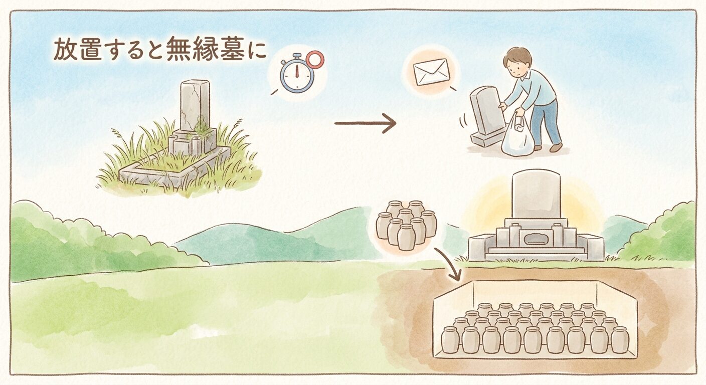 放置されたお墓が無縁墓になるまでの流れを表したイラスト