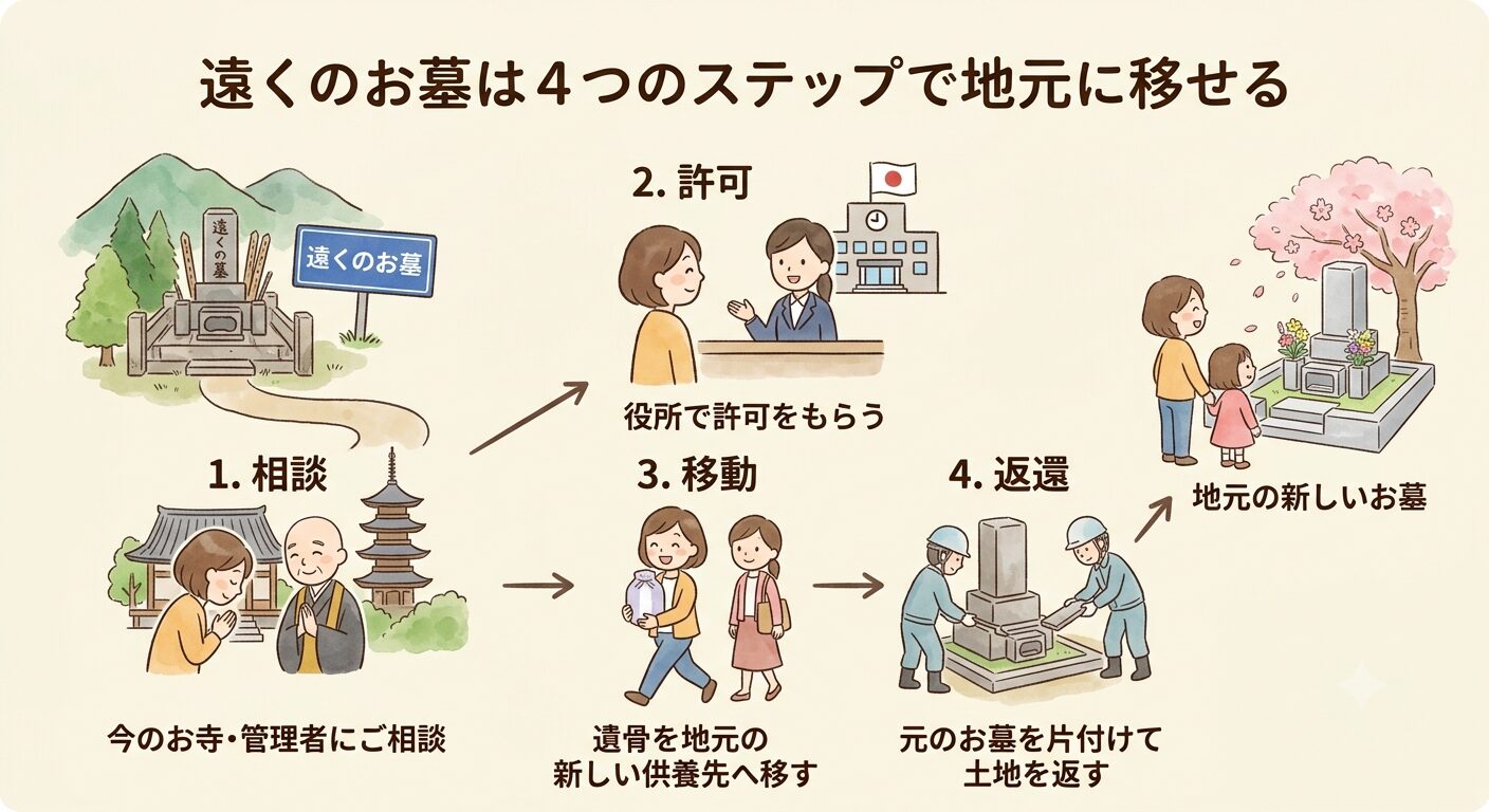 遠くのお墓は相談・役所の許可・遺骨を移す・お墓を片付けるの4つのステップで地元に移せると示すイラスト