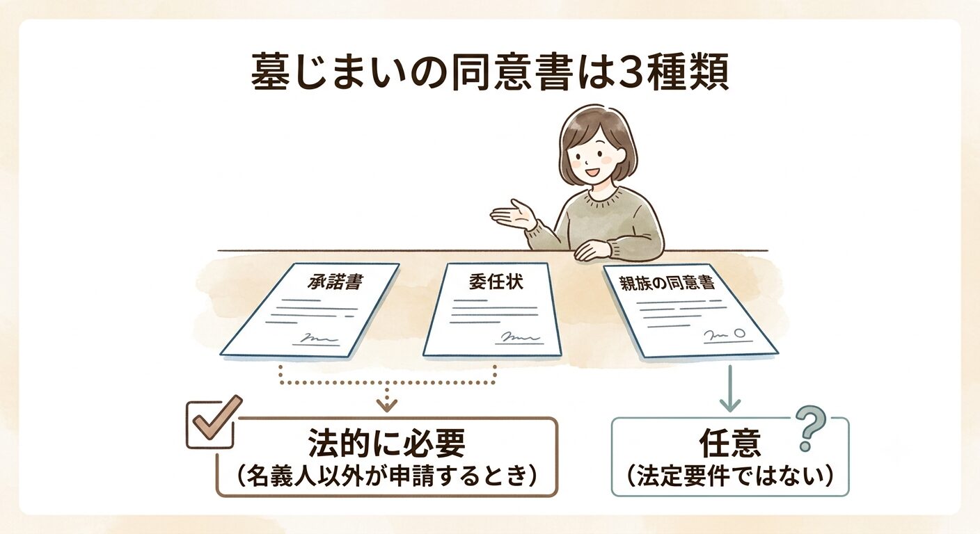 墓じまいの同意書は承諾書・委任状・親族の同意書の3種類で、法的に必要なのは名義人以外が申請するときの承諾書・委任状だと伝えるイラスト
