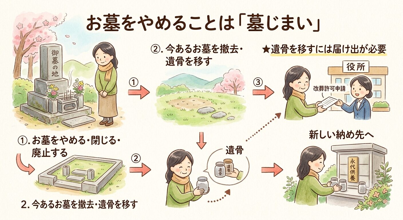 お墓をやめる方法＝墓じまいの流れを説明するイラスト