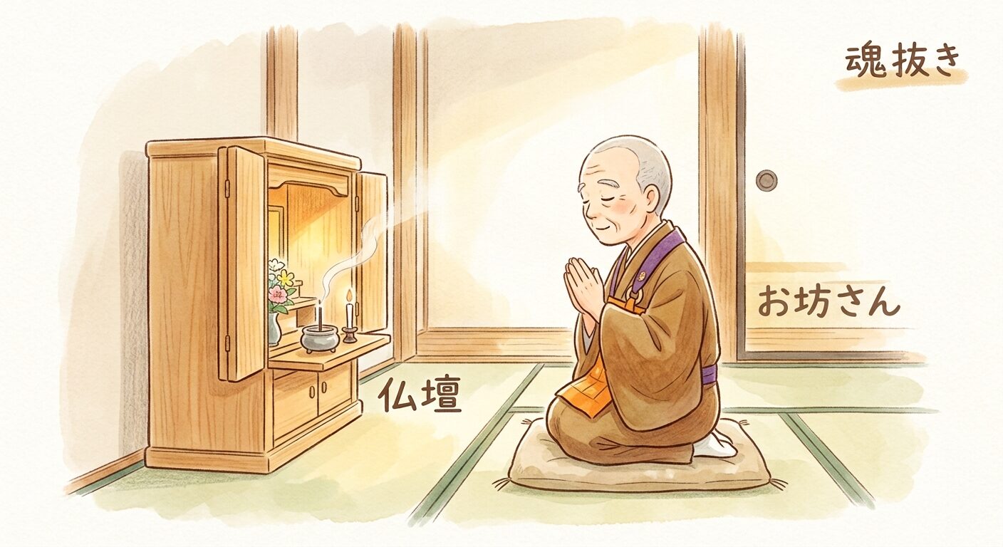 仏壇はお坊さんにお経をあげてもらう供養をすれば罰当たりにならずに手放せることを示すイラスト