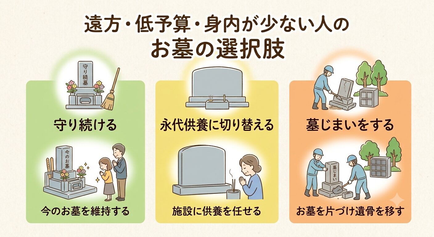 放置を避けるための3つの選択肢を伝えるイラスト