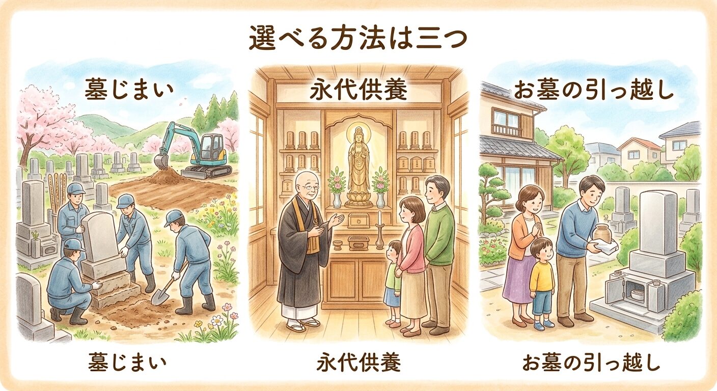 負担を軽くするために取れる墓じまい・永代供養・お墓の引っ越しの3つの選択肢を表したイラスト