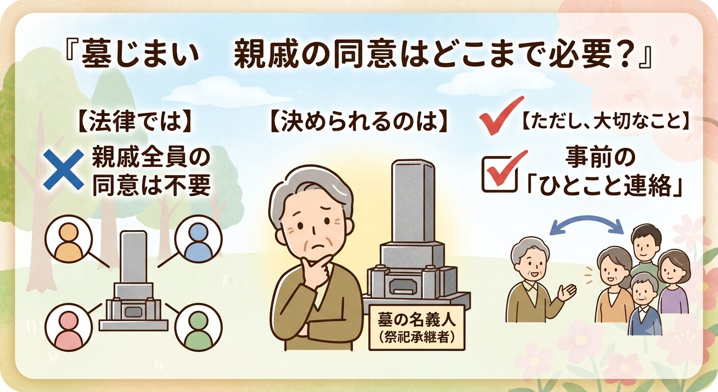 墓じまいに親戚の同意はどこまで必要かについて法律では全員の同意は不要で決められるのは墓の名義人だが事前の連絡が大切と伝えるイラスト