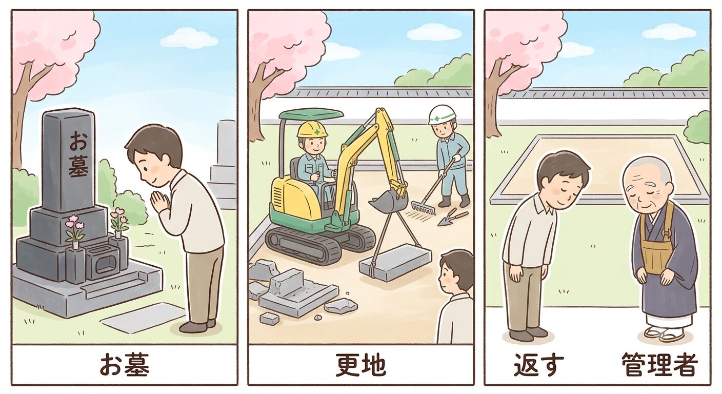 墓じまいの跡地は墓石も土台も基礎もすべて撤去して更地に戻し、管理者へ返すのが原則であることを示すイラスト