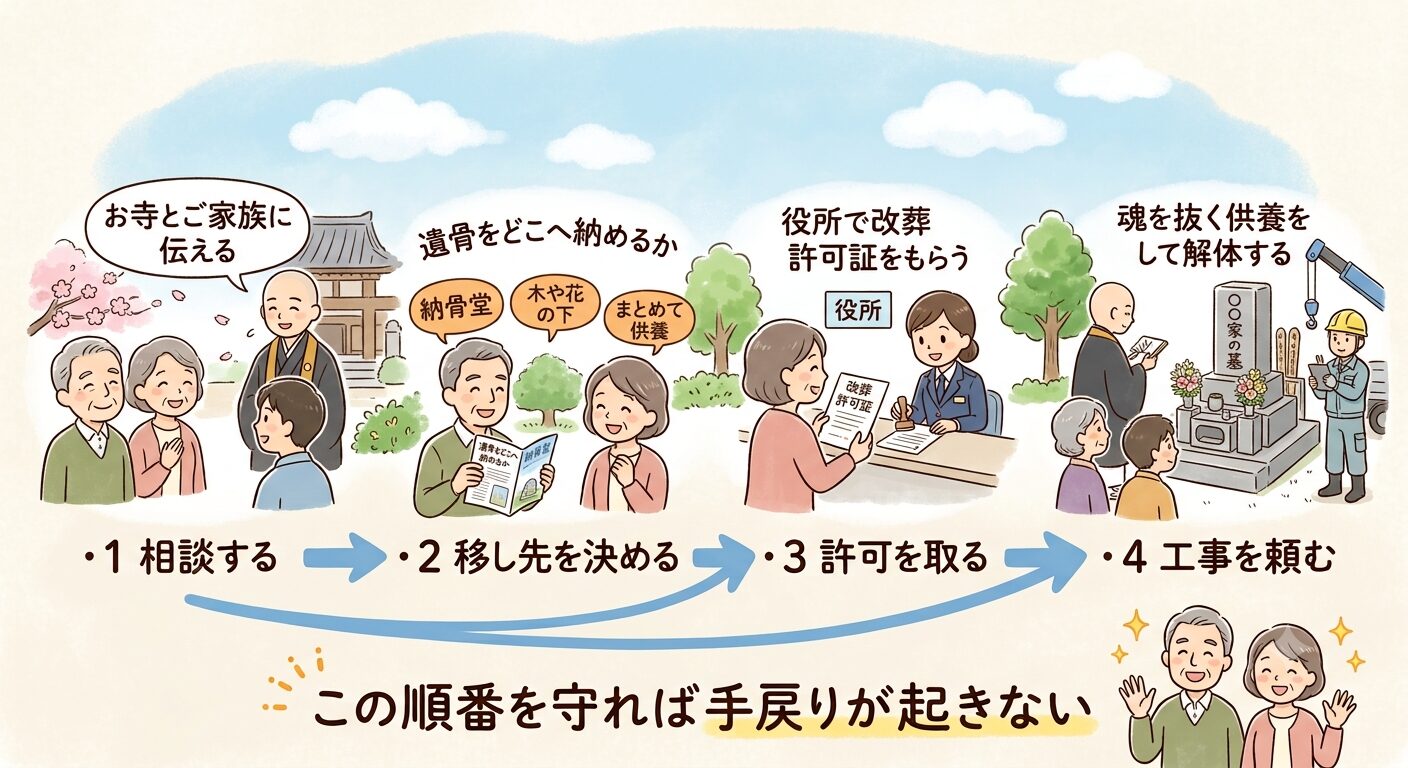 お墓の解体の手続きは相談・移し先の決定・役所の許可・工事の順番で進めると手戻りがないことを示すイラスト