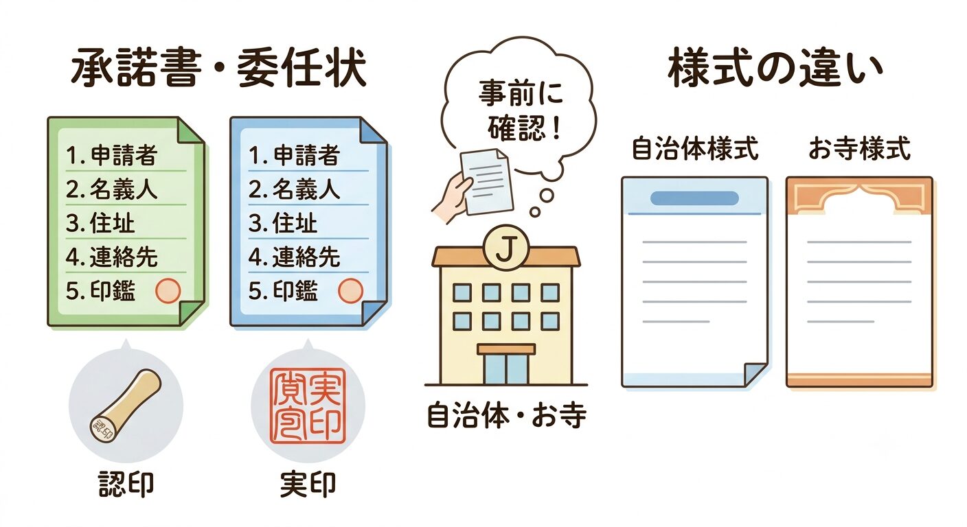 承諾書・委任状に入れる記載項目や、認印か実印かは自治体で異なることなど、書面ごとに書く項目と押印が違うと伝えるイラスト