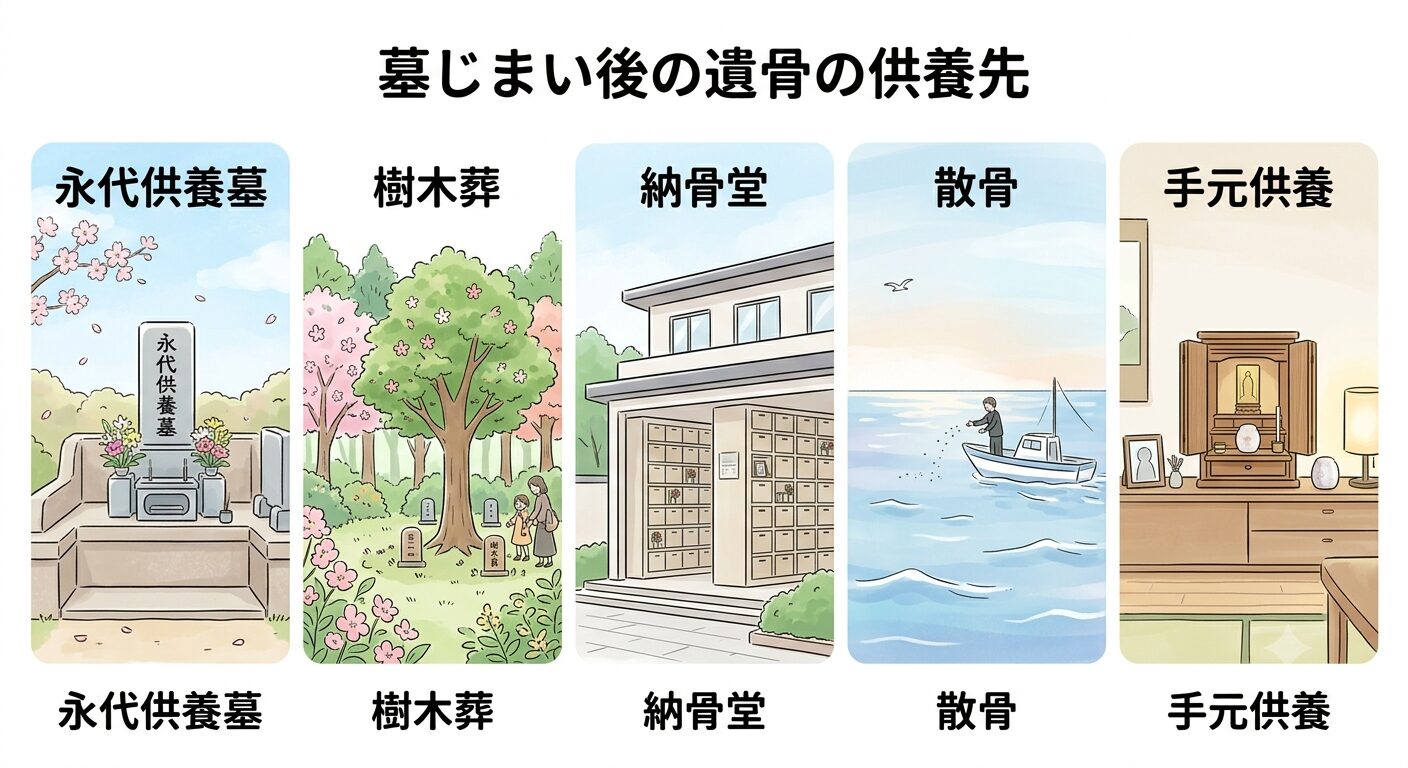 墓じまい後に選べる5つの供養先(永代供養墓・樹木葬・納骨堂・散骨・手元供養)を並べた図解イラスト