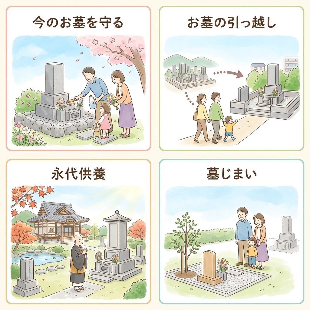 放置する前に考えたい4つの選択肢を表したイラスト