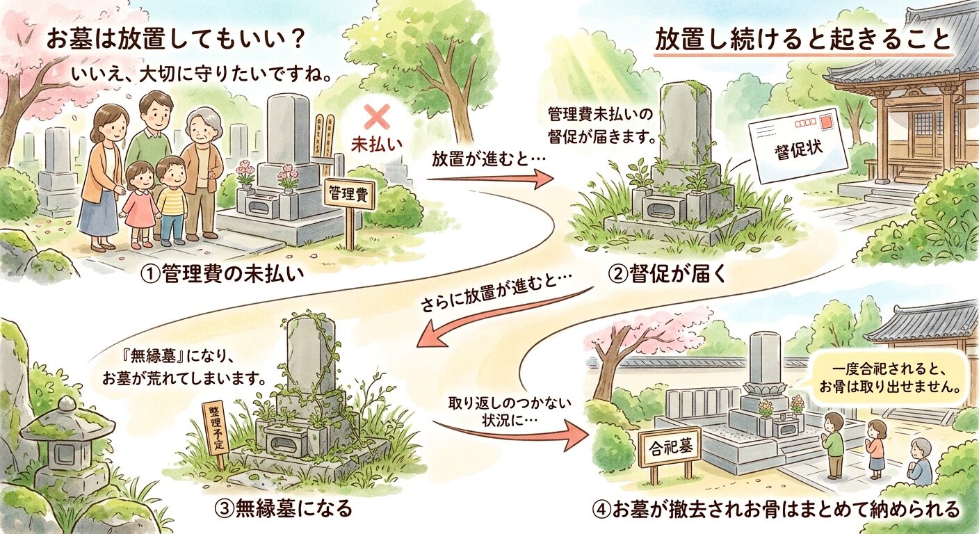お墓を放置し続けると無縁墓・撤去・合祀へ進むことを伝えるイラスト
