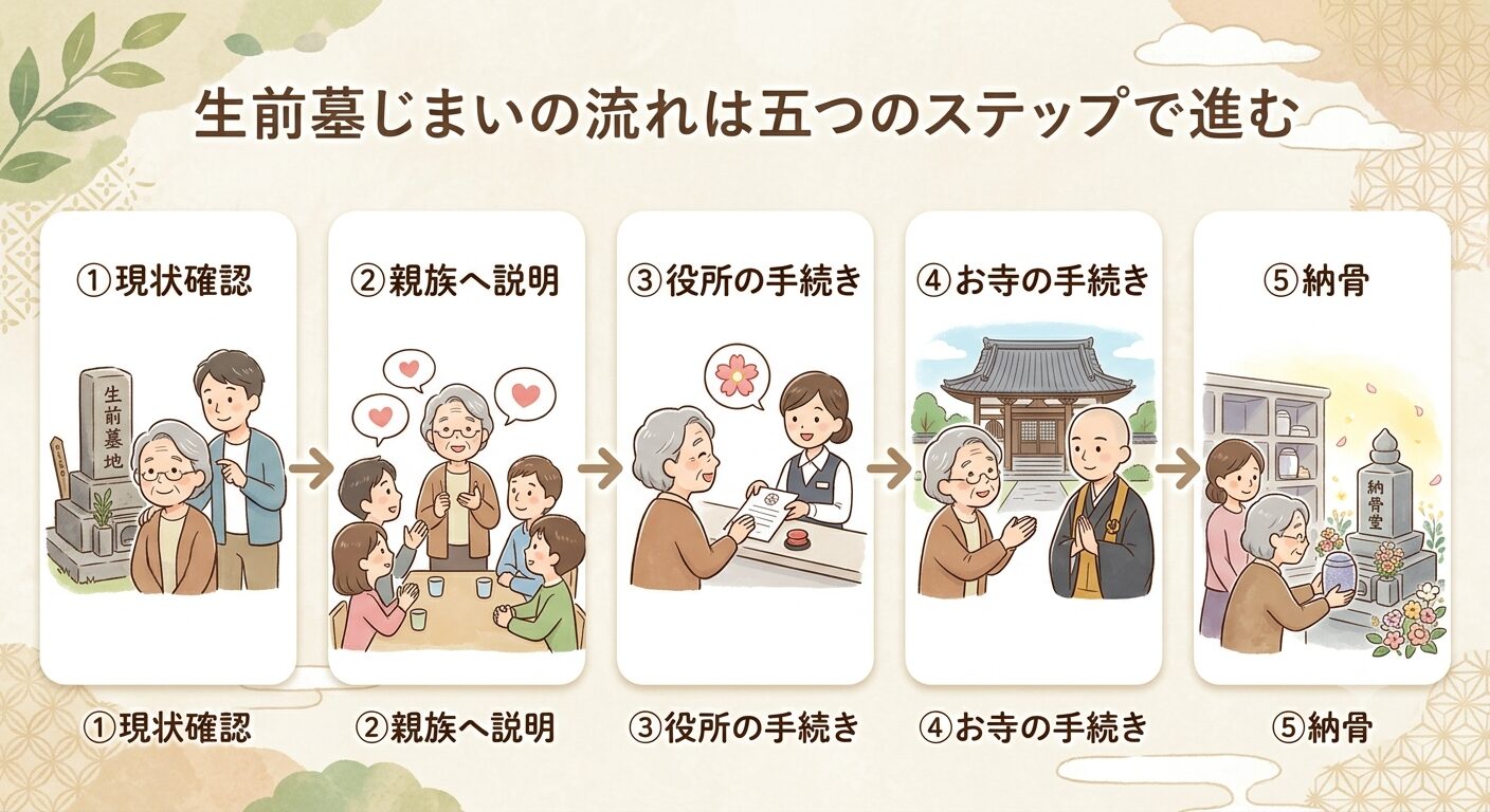 生前墓じまいの流れは5つのステップで進むことを伝えるイラスト