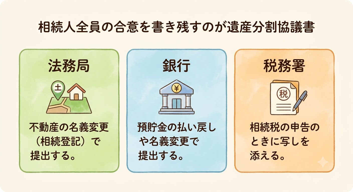 遺産分割協議書を提出する法務局・銀行・税務署の3つの窓口と、それぞれの手続きの内容をまとめた図解