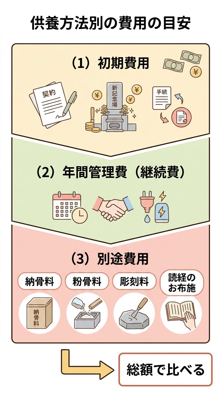 費用を初期費用・年間管理費(継続費)・別途費用(納骨料・粉骨料・彫刻料・読経のお布施)の3つに分けて総額で比べる考え方を示した図解イラスト