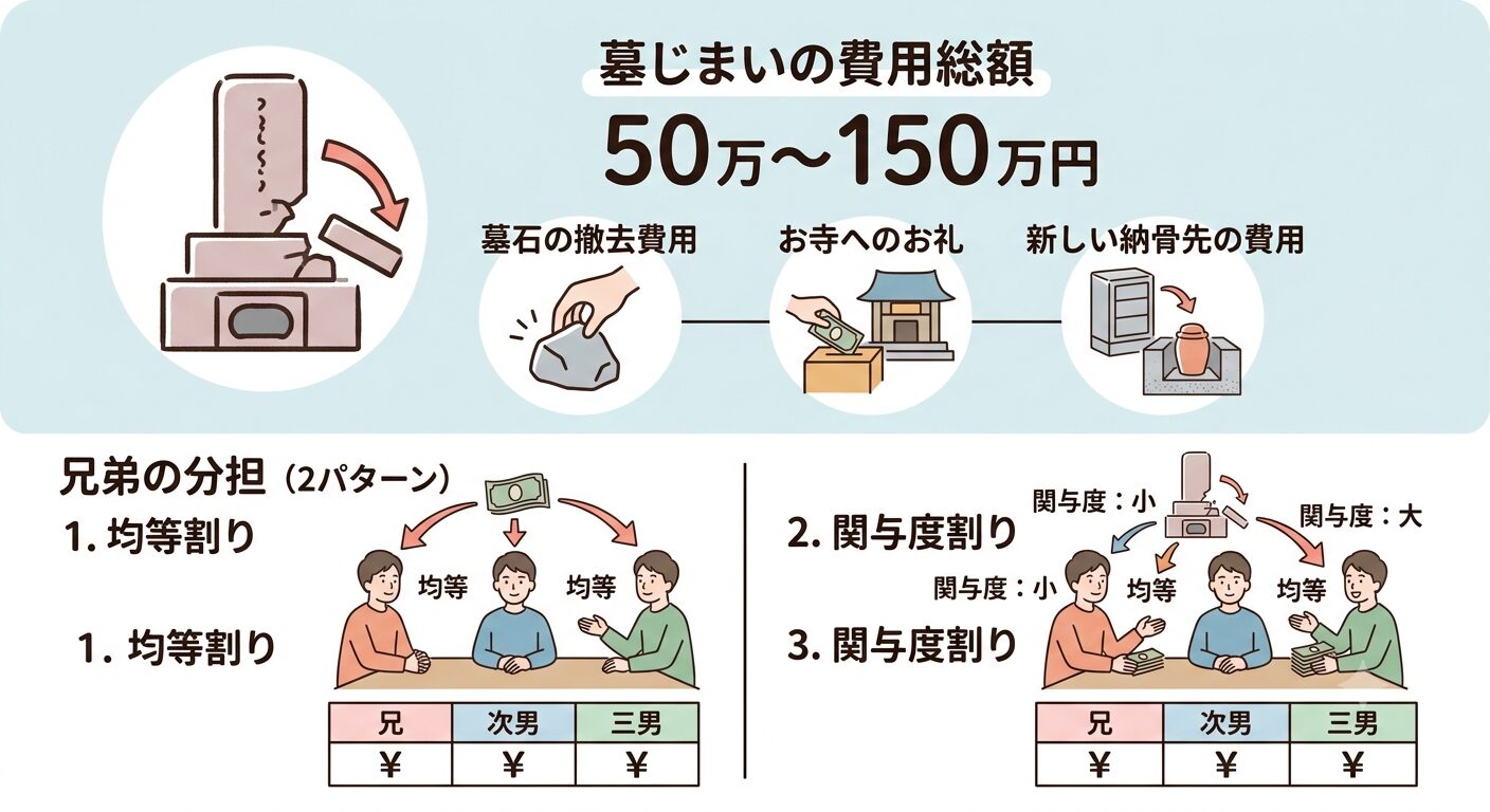 墓じまいの費用は総額50万〜150万円で内訳は墓石の撤去費用とお寺へのお礼と新しい納骨先の費用の3つ兄弟の分担は均等割りと関与度割りの2パターンと伝えるイラスト
