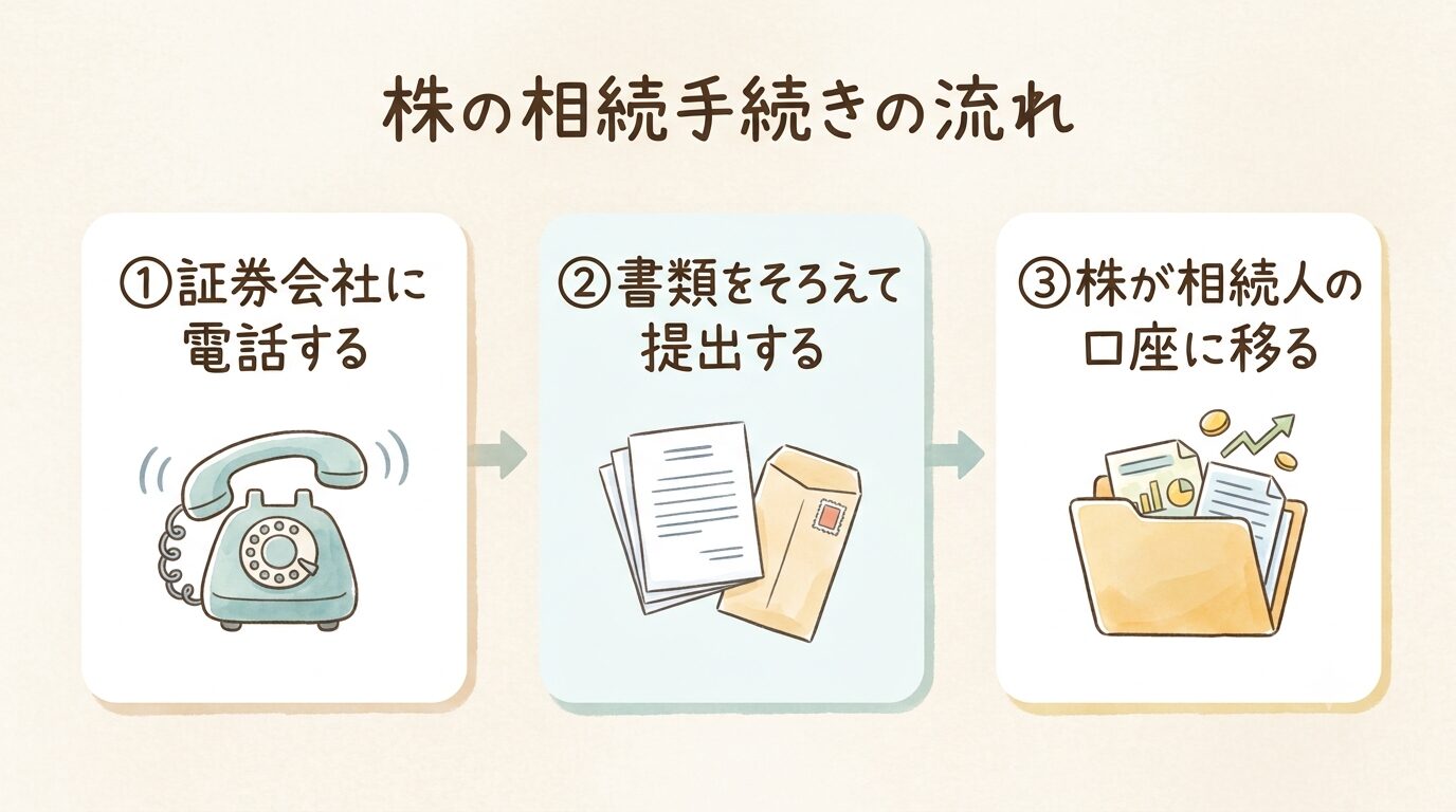 株の相続手続きが証券会社の相続専用窓口への電話から始まり、必要書類の提出を経て株が相続人の口座に移されるまでの流れを示した図解
