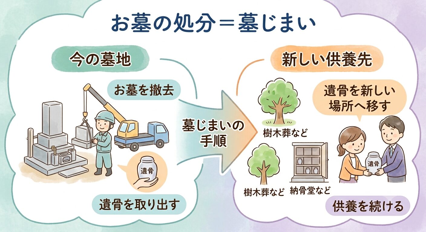 お墓・墓地の処分は正式には墓じまいと呼ばれ、撤去して遺骨を新しい供養先へ移す手順だと示すイラスト