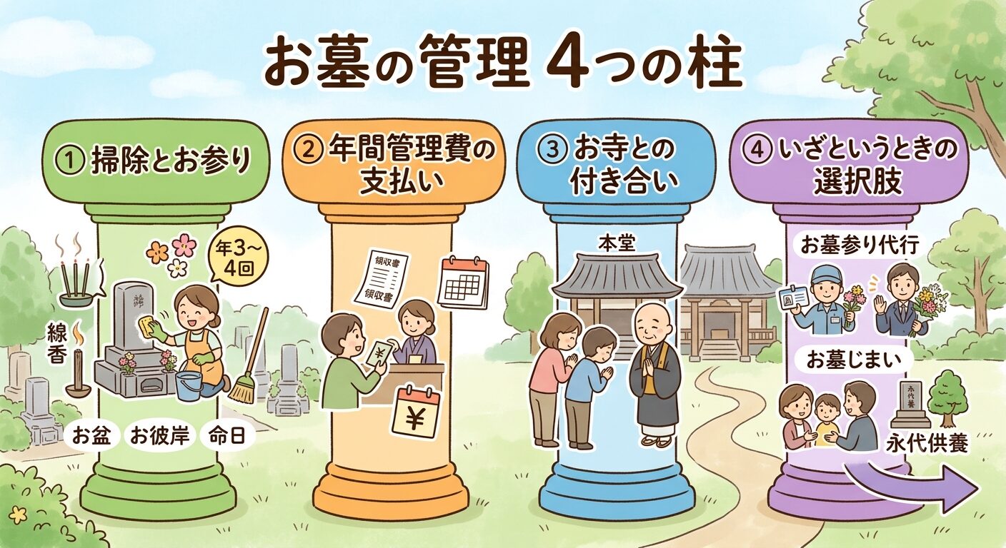 お墓の管理は掃除とお参り・年間管理費・お寺との付き合い・いざというときの選択肢の4つの柱でつかめると示すイラスト