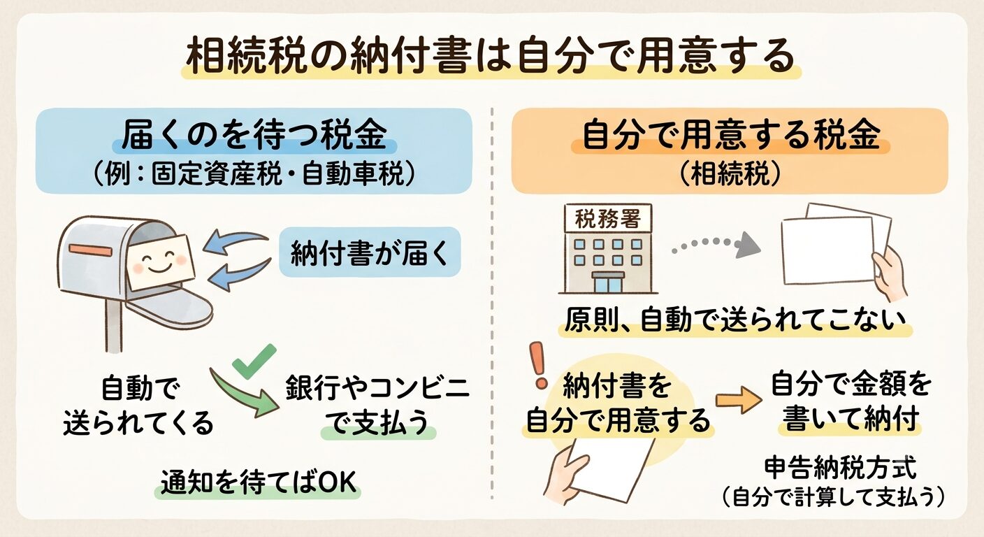 相続税の納付書は自動で届かず、自分で税務署などから用意する必要があることを、届く税金と自分で用意する税金の対比で示した図解
