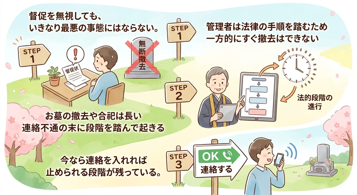 督促を無視しても管理者は法律で定められた手順を踏むためいきなり最悪の事態にはならないと示すイラスト