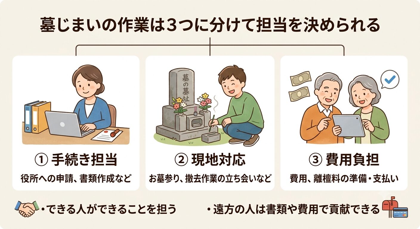 墓じまいの作業は手続き担当と現地対応と費用負担の3つに分けて担当を決められると伝えるイラスト