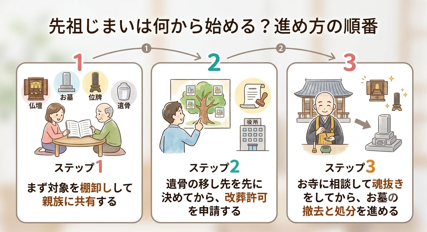 先祖じまいは対象の棚卸しと親族への共有、遺骨の移し先決定と改葬許可申請、お寺への相談と撤去・処分の順に進むことを示すイラスト