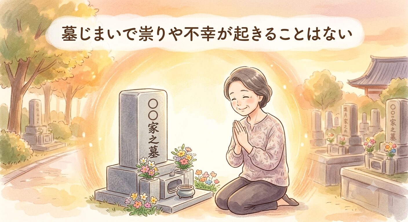 墓じまいで祟りや不幸が起きることはないことを表したやわらかいイラスト