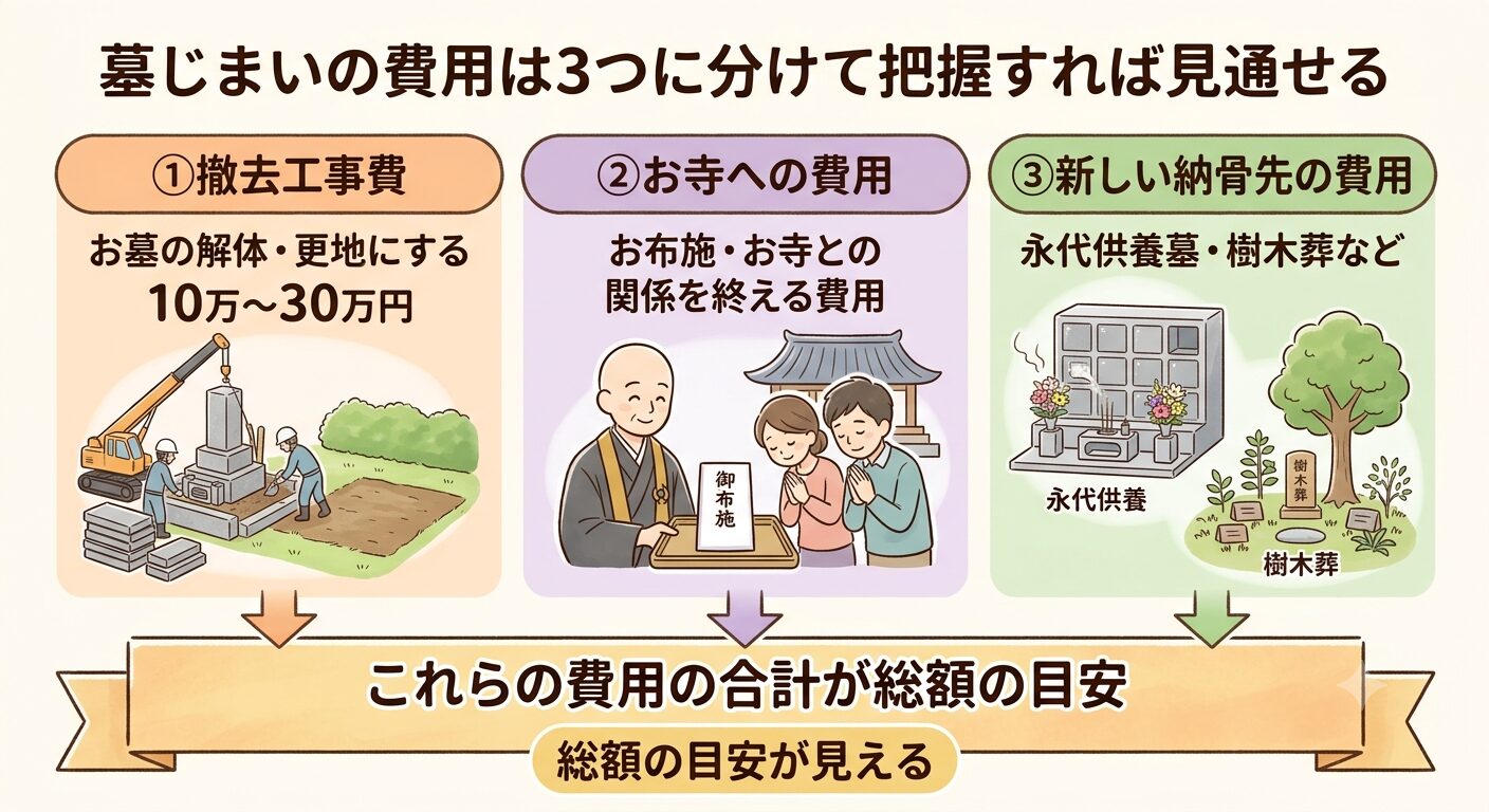 墓じまいの費用を撤去工事・お寺への費用・新しい納骨先の3つに分けて示すイラスト