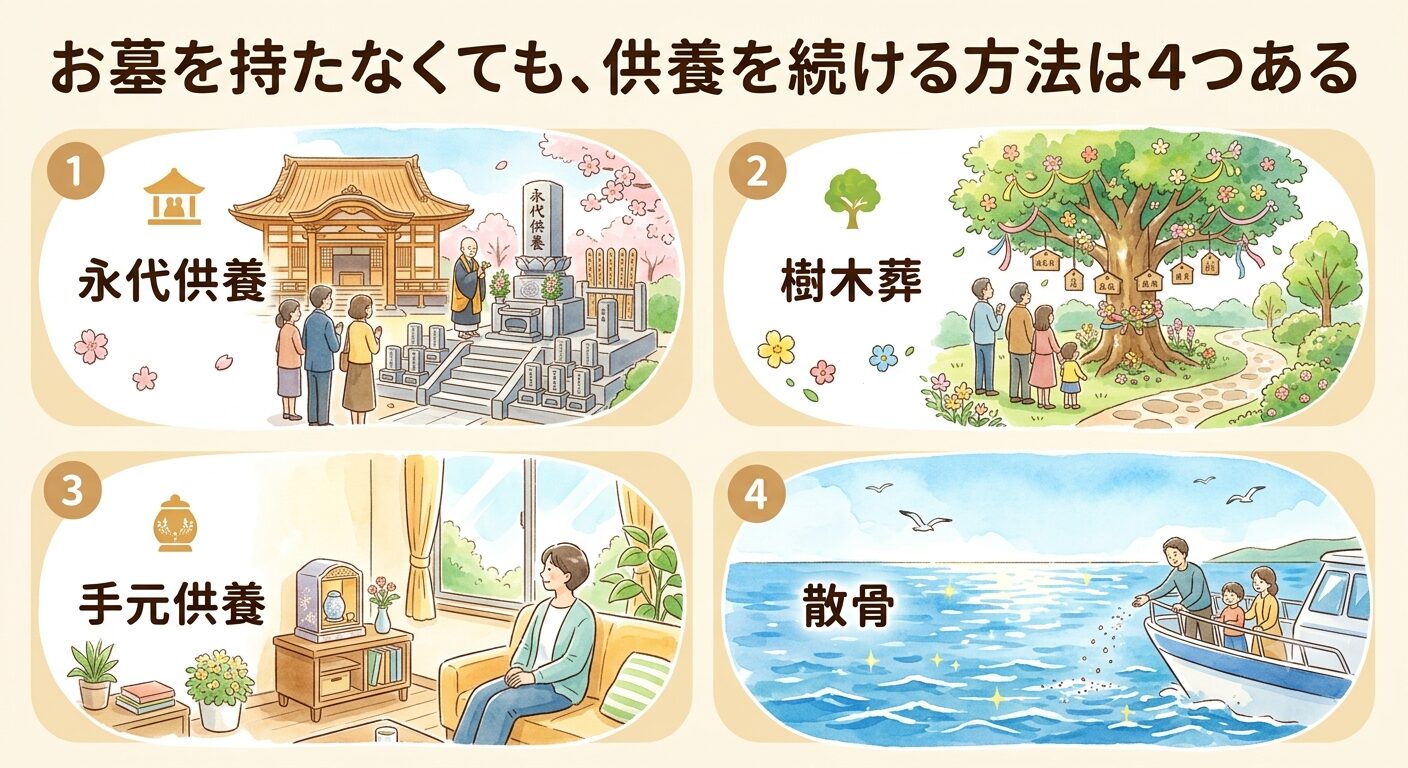 永代供養・樹木葬・手元供養・散骨というお墓を持たない4つの供養方法を示すイラスト