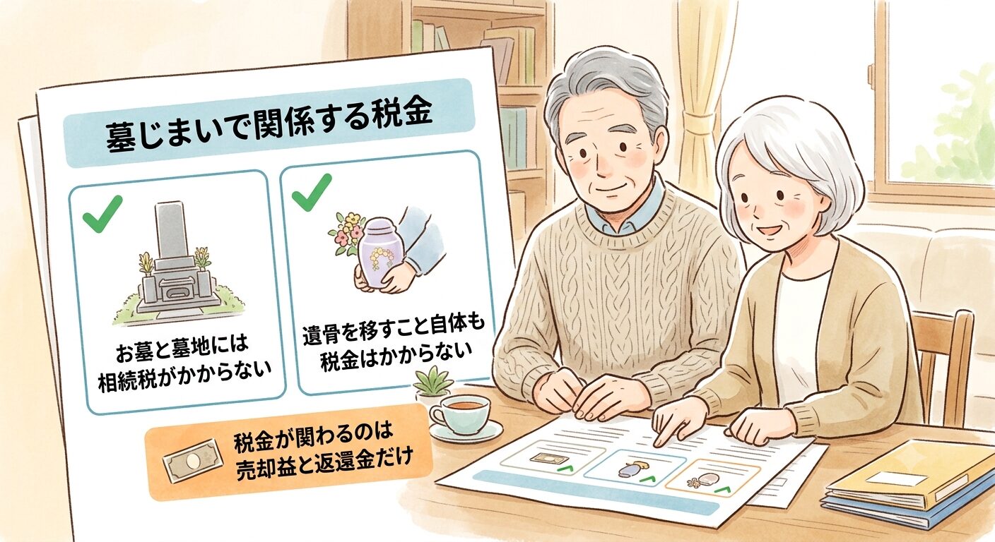 墓じまいで関係する税金は相続税・所得税・贈与税の3つだと伝えるイラスト
