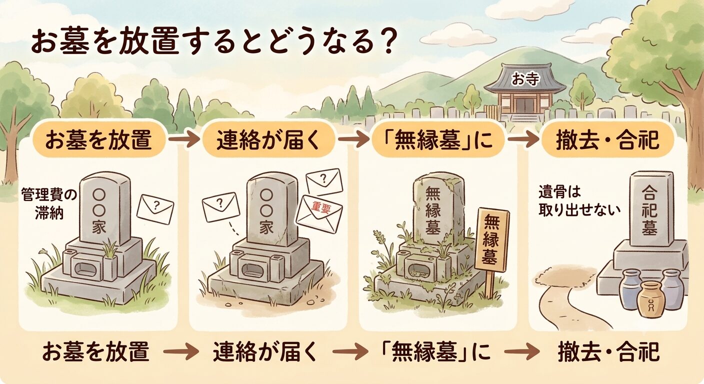 お墓を放置すると無縁墓として撤去・合祀されるリスクを示すイラスト