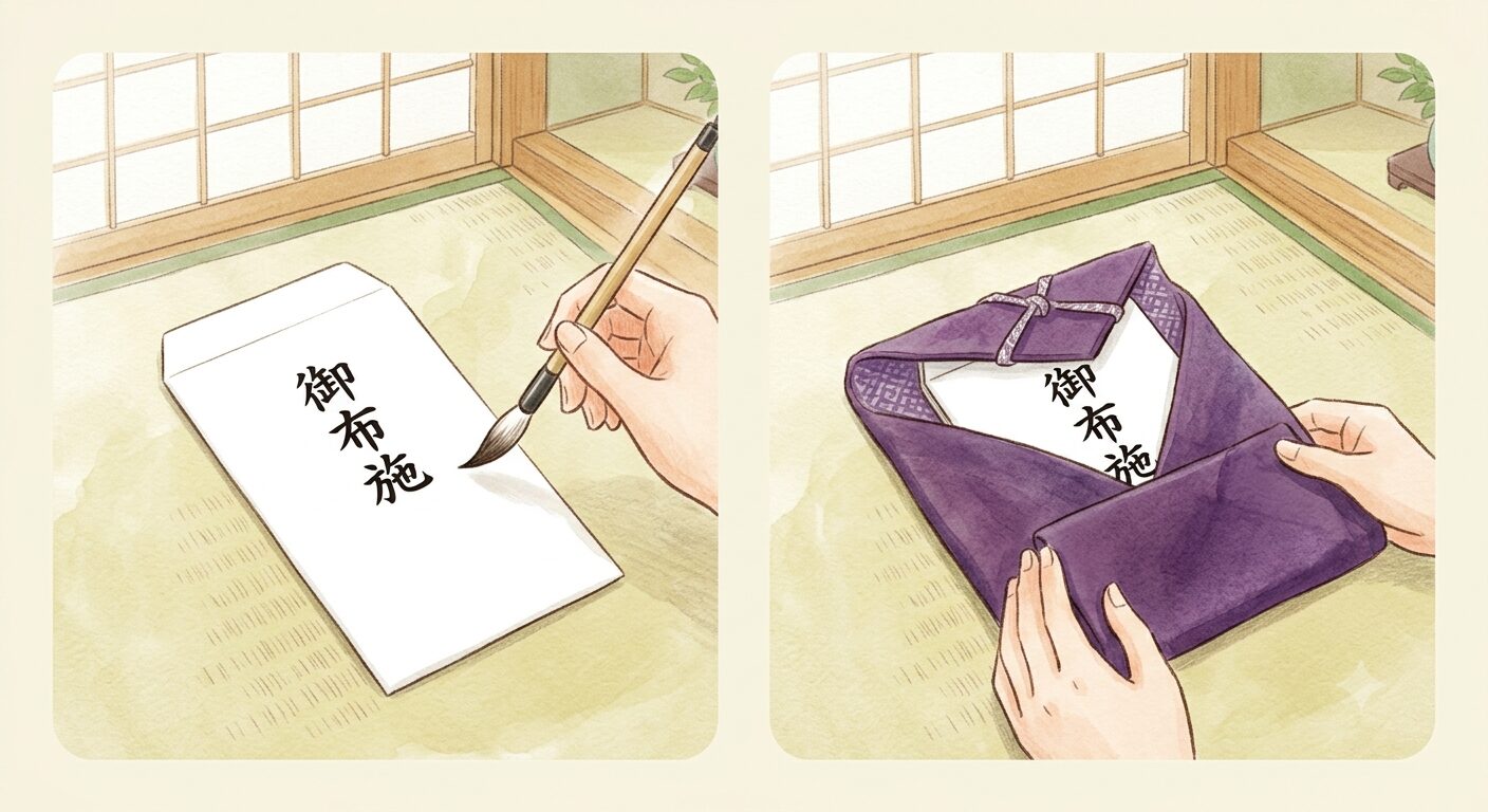 水引なしの白い封筒に「御布施」と書く様子と、ふくさで封筒を包む手順を示すイラスト