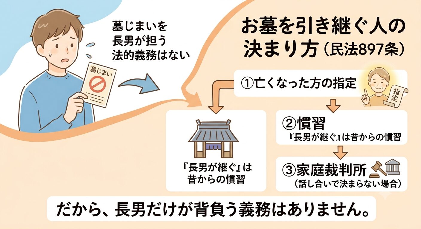 長男に墓じまいの法的義務はないと示すイラスト