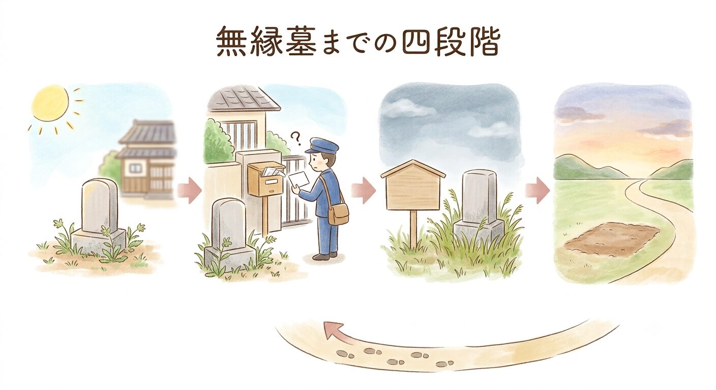 放置されたお墓が無縁墓になるまでの4つの段階を表したイラスト