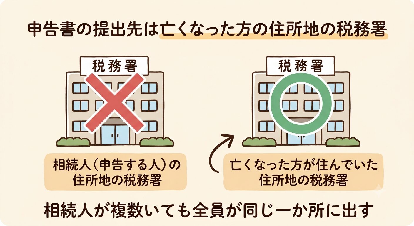 相続税の申告書の提出先は相続人の住所地ではなく亡くなった方の住所地の税務署であることを、対比で示した図解