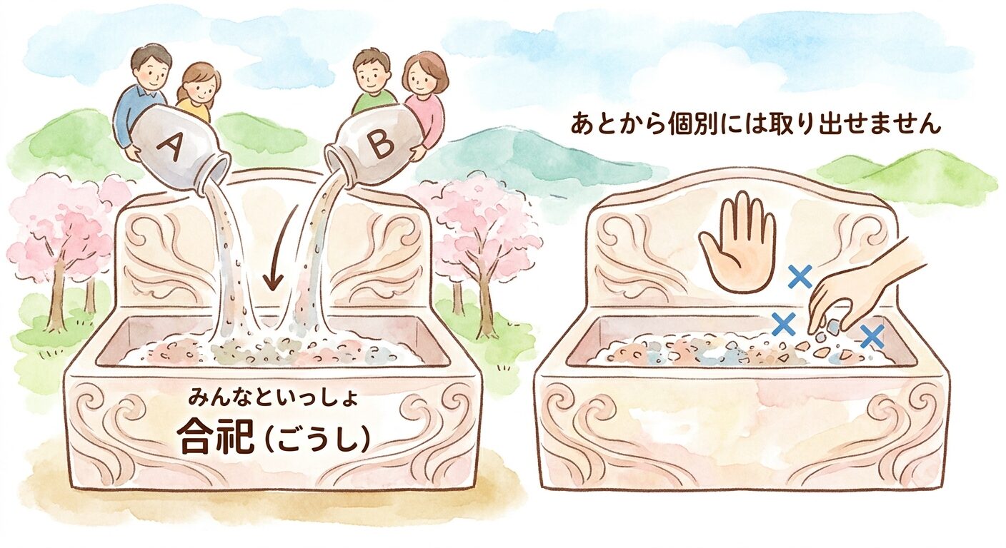 取り出された遺骨がほかの方の遺骨とまとめて納められ、個別には取り出せなくなることを示すイラスト