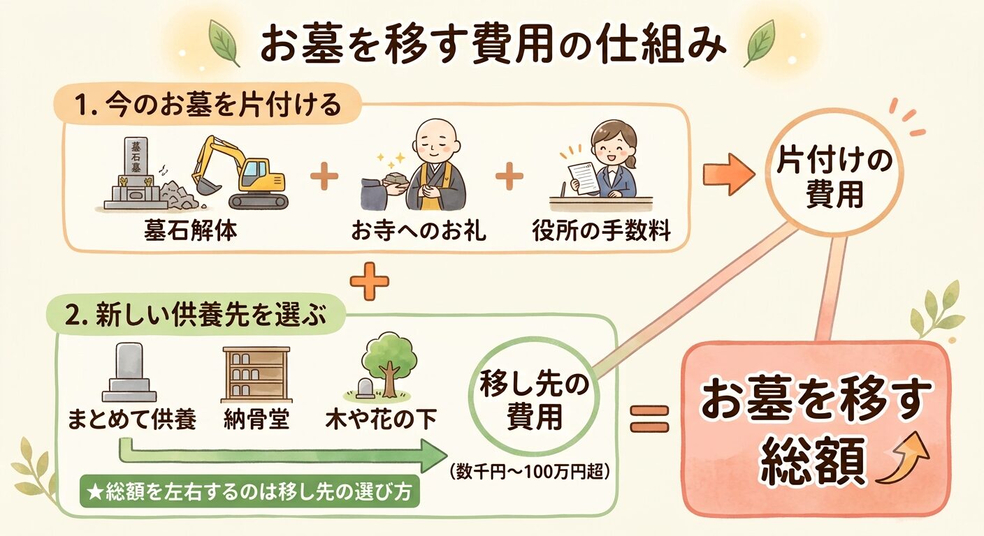 お墓を移す費用は今のお墓を片付ける側の費用と新しい供養先の費用の2つの合計で決まると示すイラスト
