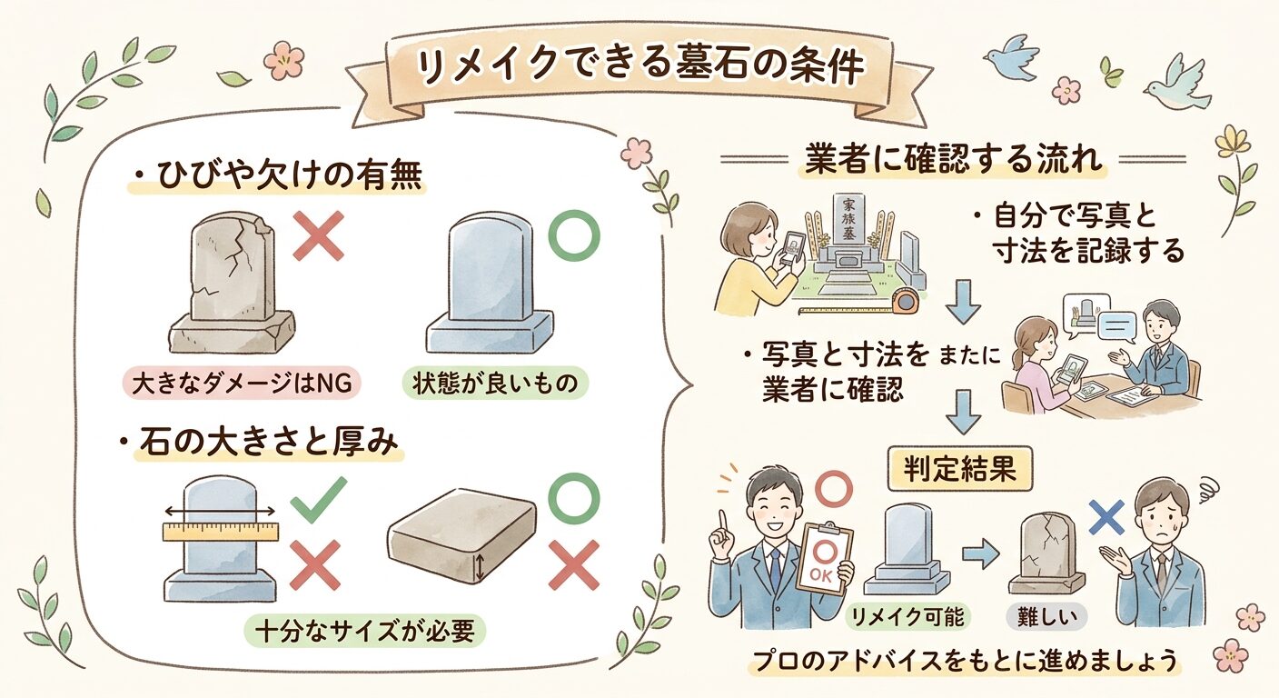 リメイクできる墓石の条件と業者への確認の流れを示すイラスト