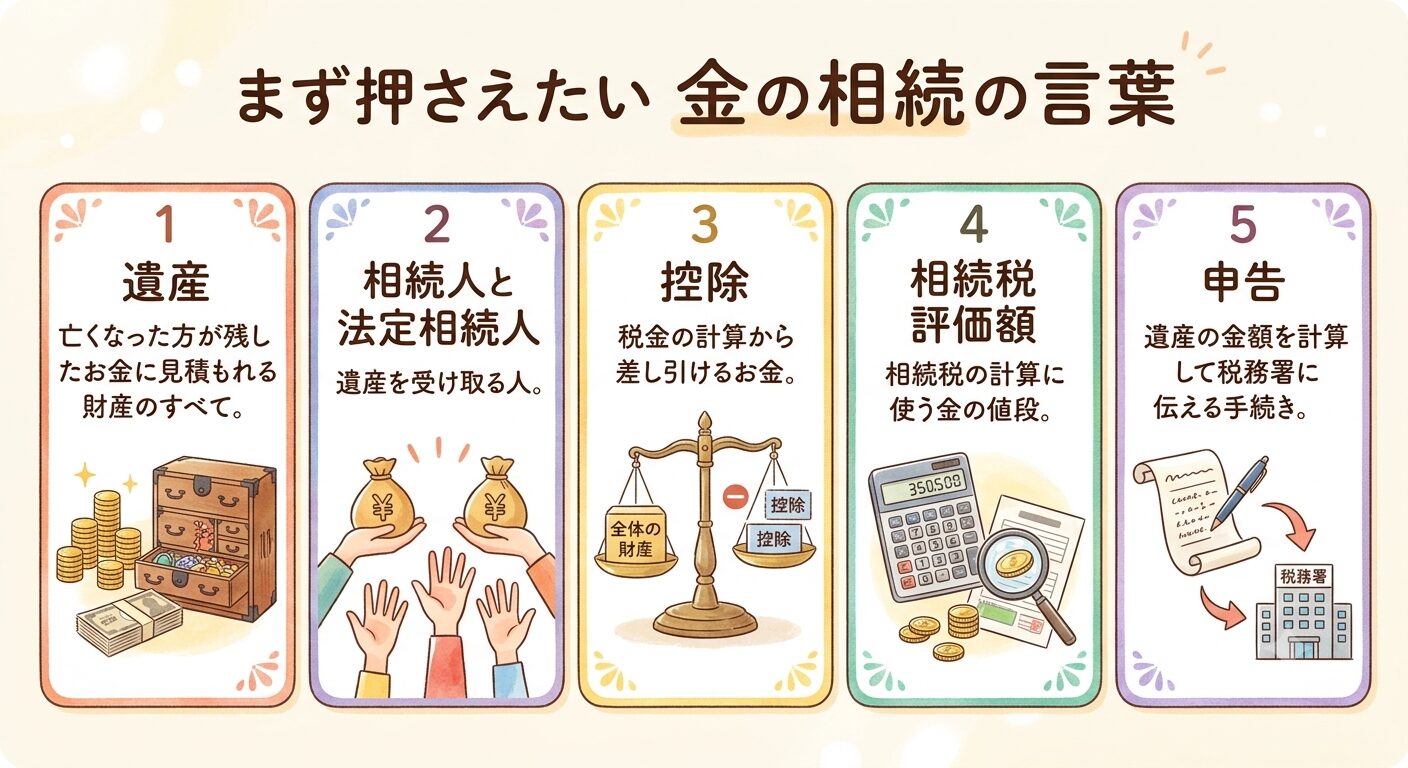 金の相続で最初に押さえたい遺産・相続人と法定相続人・控除・相続税評価額・申告の5つの言葉と意味をまとめた図解