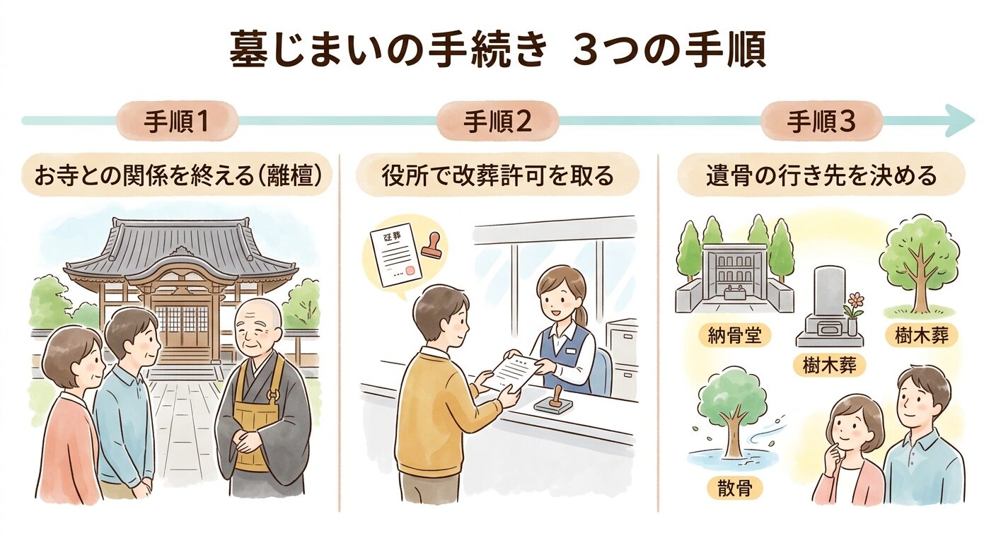 墓じまいの手続きはお寺との関係を終える離檀・役所での改葬許可・遺骨の行き先決定の3つの手順で進むと伝えるイラスト