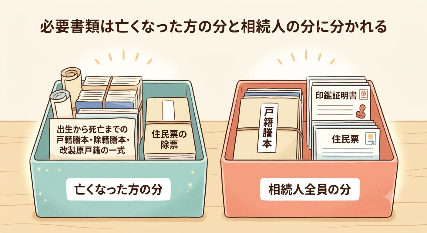 必要書類を亡くなった方の分と相続人全員の分の2つのグループに分けて整理した図解