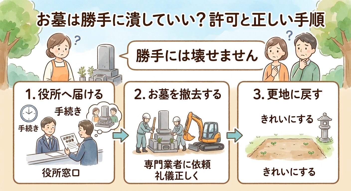 お墓を潰すには正しい手順が必要なことを説明するイラスト