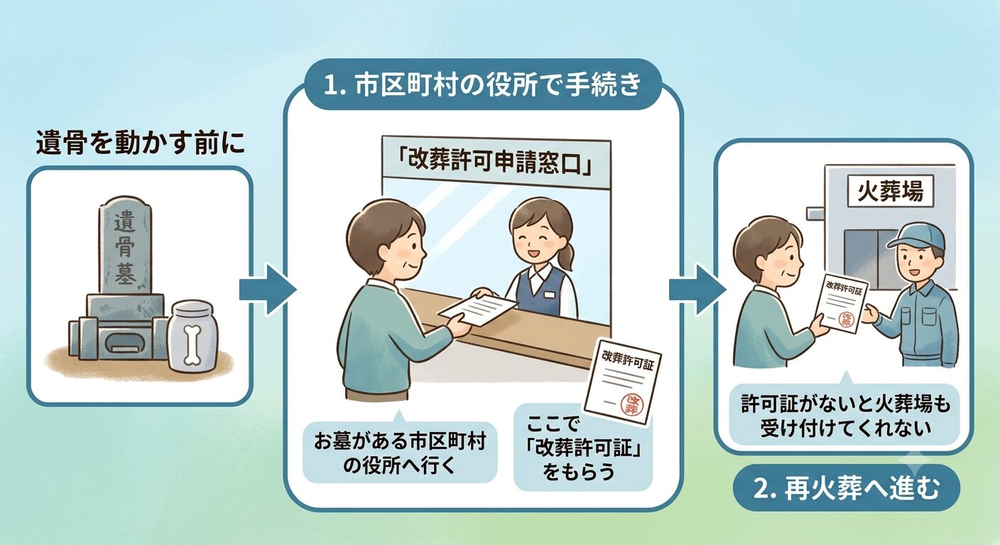 遺骨を動かす前に市区町村へ改葬許可申請をして許可証を取ってから再火葬へ進む流れのイラスト