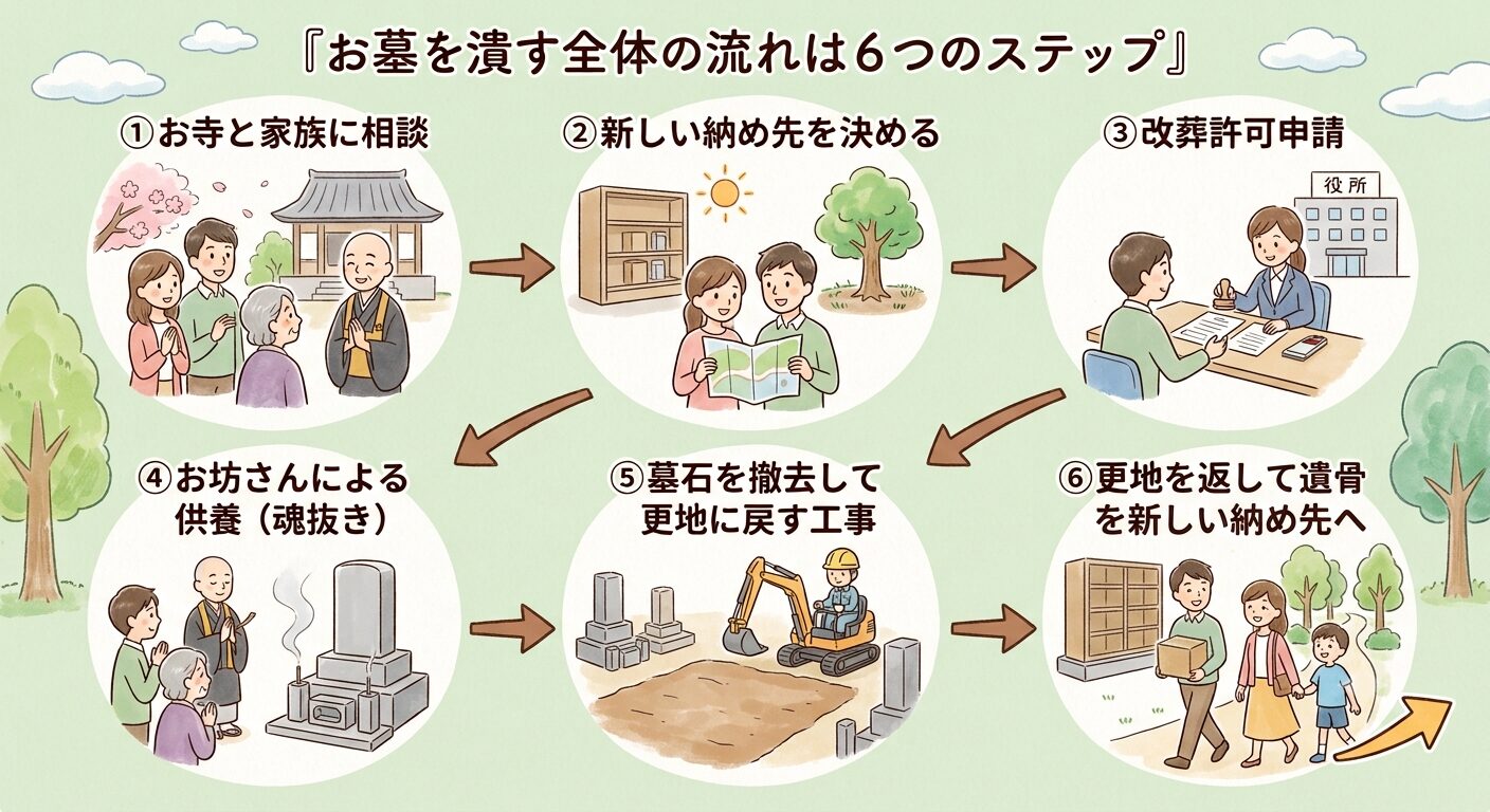 お墓を潰す流れが6つのステップに分かれることを示すイラスト
