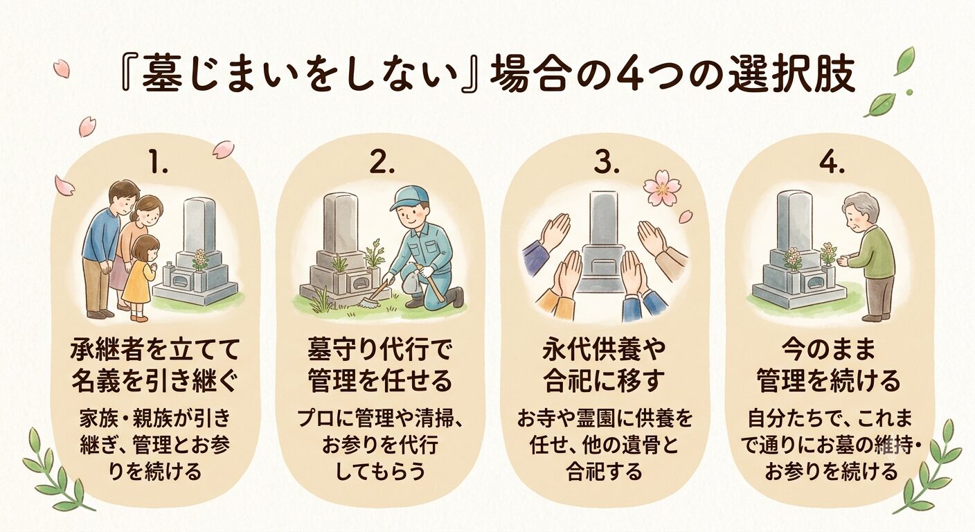 墓じまいをしない場合に選べる4つの選択肢を示すイラスト。承継者を立てる・墓守り代行・永代供養や合祀・今のまま管理を続ける