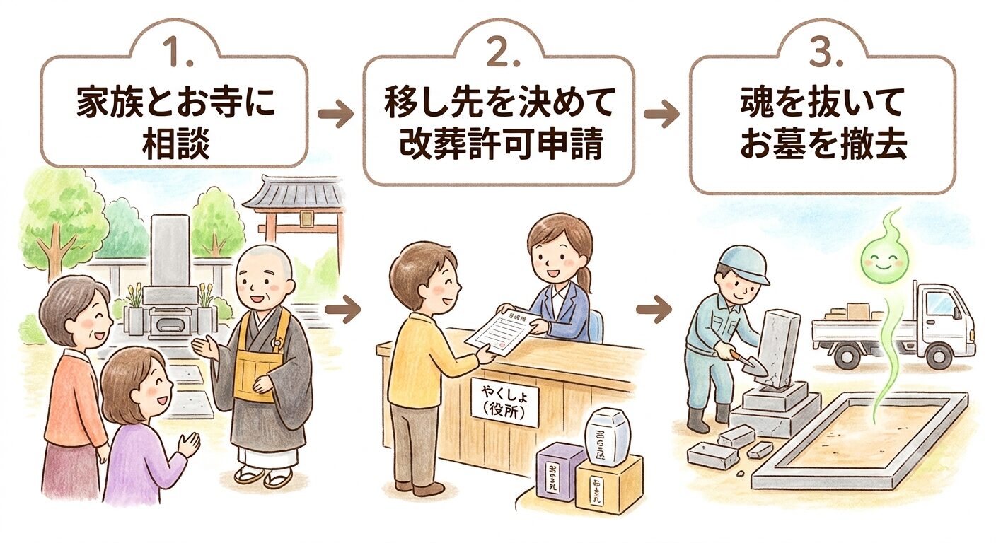 お墓を処分する方法は家族とお寺に相談・移し先を決めて改葬許可申請・魂を抜いてお墓を撤去の3ステップで進むと示すイラスト
