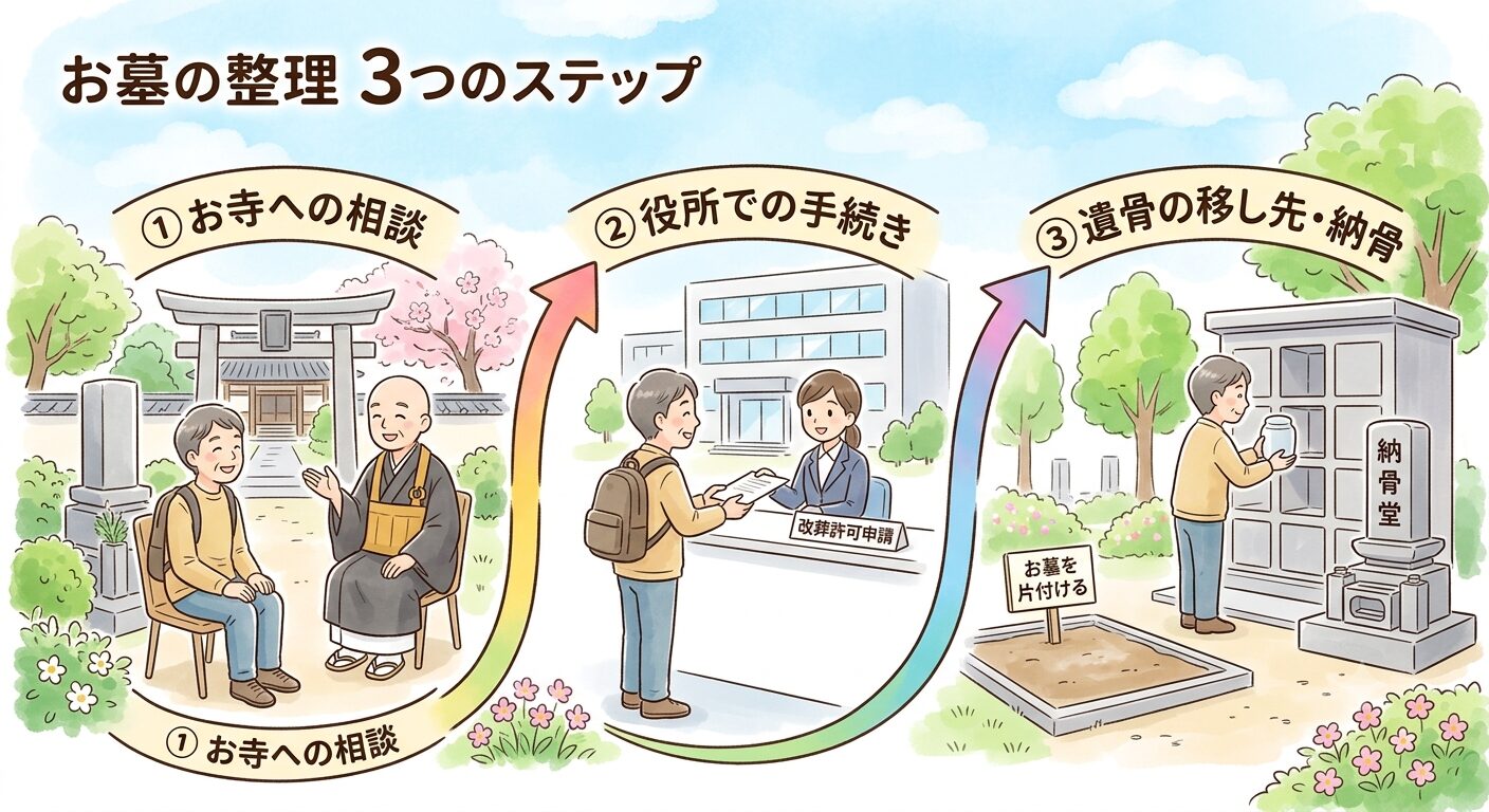 お墓の整理はお寺への相談・役所の改葬許可申請・遺骨の移し先へ納めるの3つのステップで進むと示すイラスト